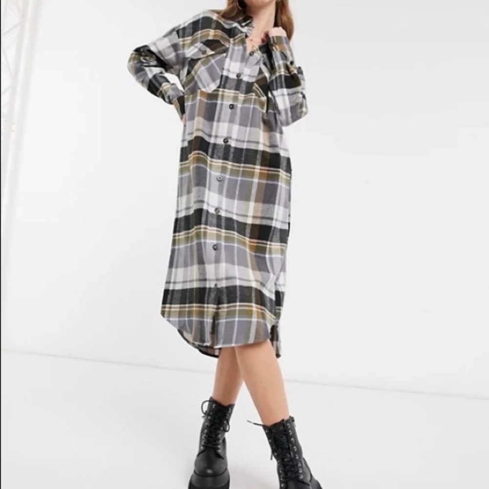 ASOS Design Black & Tan Plaid Button Midi Shirt Dress Size 4